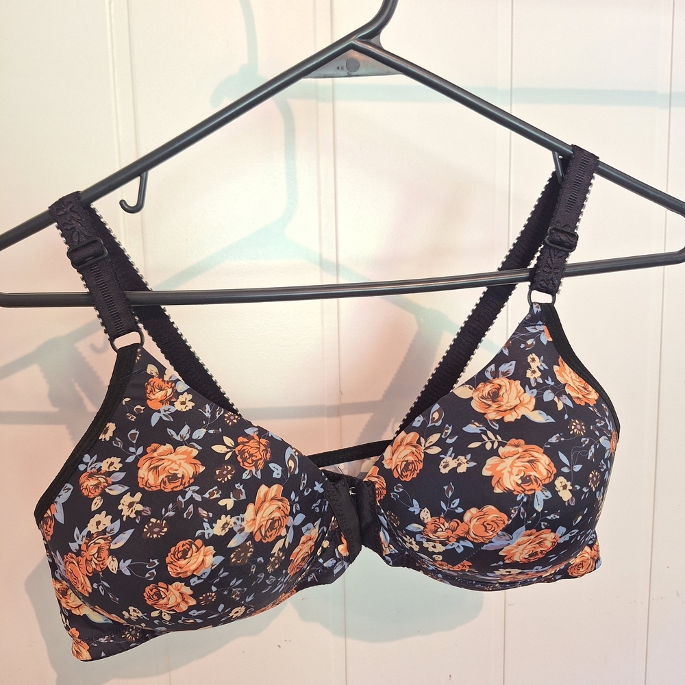 Floral Navy And Orange Rose Pattern Front Closure Bra